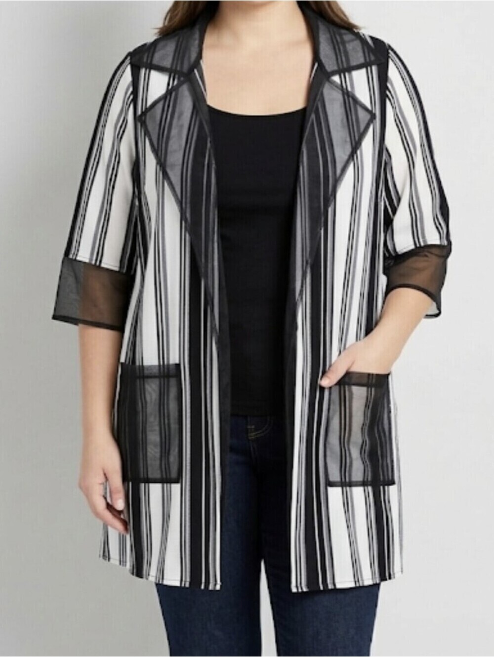 LINDI 1891 Dressy Black & White Cardigan Lace Lapel Cuffs Jacket 100%Poly NWT